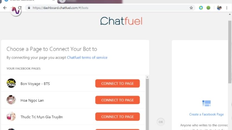 Bấm “Connect to page” để liên kết fanpage của bạn với Chatfuel