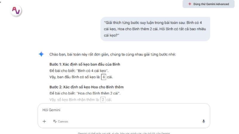 Câu lệnh Gemini giải thích từng bước của quá trình giải bài toán