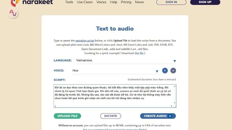 Giao diện chỉnh sửa ngôn ngữ, giọng nói và đoạn thoại của trang web Narakeet