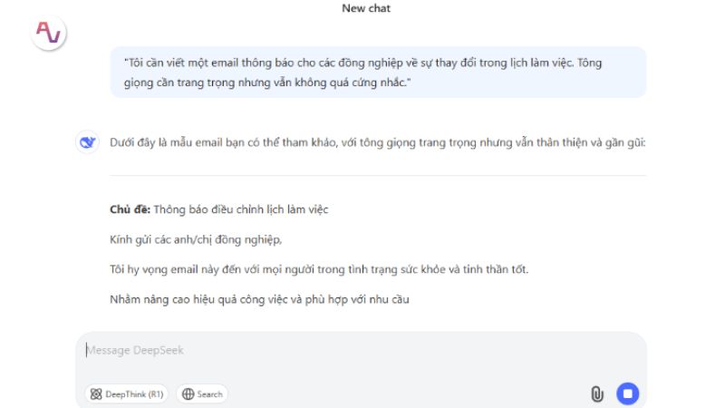 DeepSeek sẽ tạo ra email thông báo một cách súc tích và rõ ràng