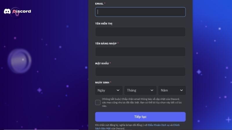 Đăng ký tài khoản Discord - bước 2