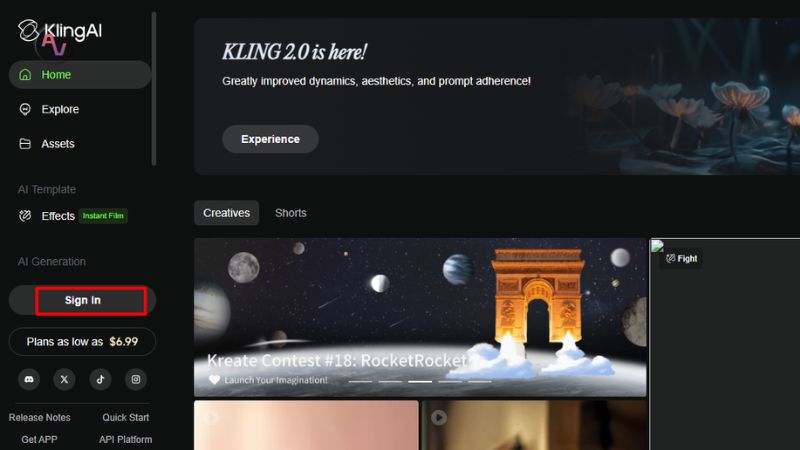 Đăng ký tài khoản Kling trên máy tính - Bước 2