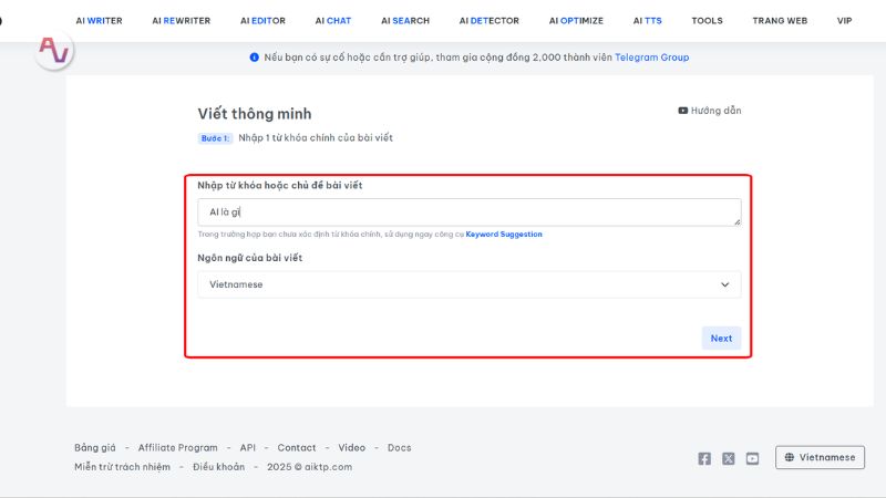 Nhập từ khóa để viết nội dung trong AIKTP