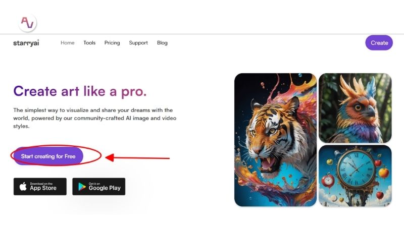 Truy cập trang chủ Starry AI > Chọn Start creating for free