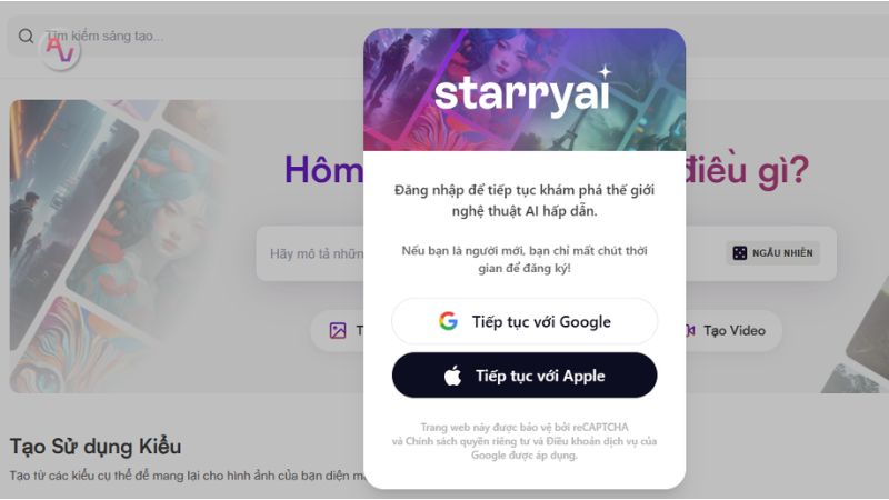 Chọn phương thức đăng ký tài khoản Starry AI