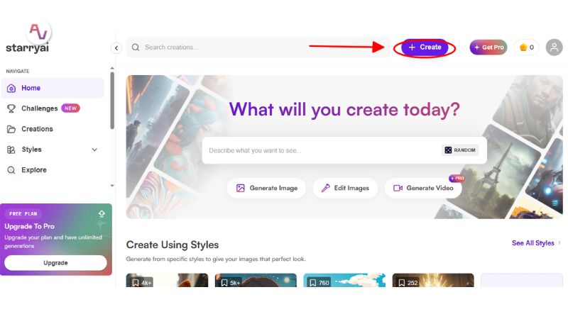 Truy cập vào trang chủ và chọn Create