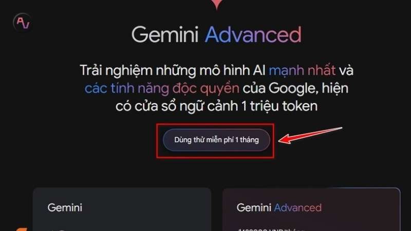 Chọn “Dùng thử miễn phí 1 tháng” để trải nghiệm gói dùng AI Gemini Advanced